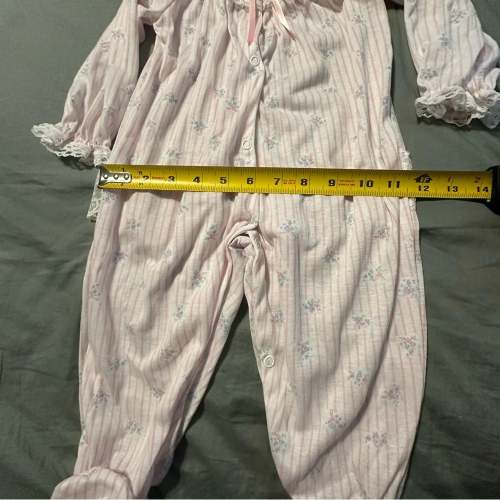 Nursery Rhyme Vintage Girls Pink Striped Floral Lace Footed Sleeper 24M USA Made